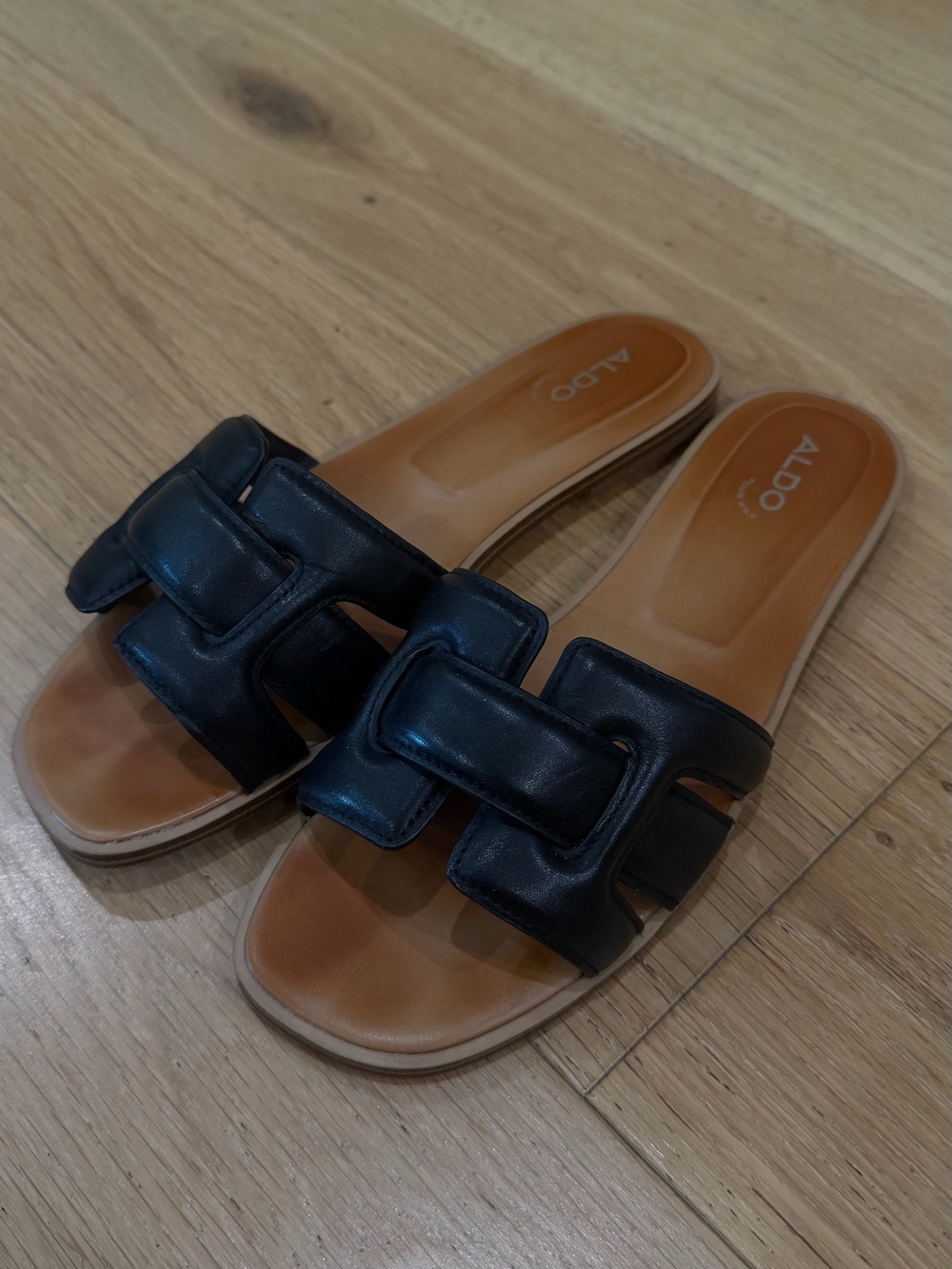 Aldo Black Leather Slide Mules with Tan Footbed